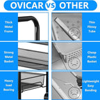OVICAR 4 Tier Mesh Wire Rolling Cart, Kitchen Storage Organizer Utility Cart, Full Metal Basket Storage Art Trolley Carts with Wheels & 4 Side Hooks