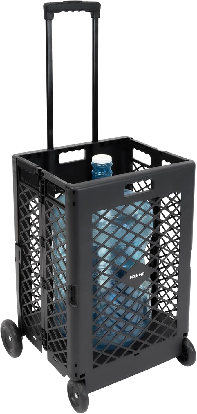 Mount-It! Mesh Rolling Utility Cart, Folding and Collapsible Hand Crate on Wheels, 55 Lbs Capacity