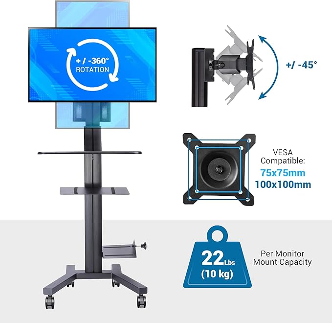 Yescom Mobile Computer Cart Rolling PC Stand Desk Workstation on Wheels with Monitor Mount Adjustable Keyboard Tray CPU Printer Holder for Hospital Clinic School Office Black