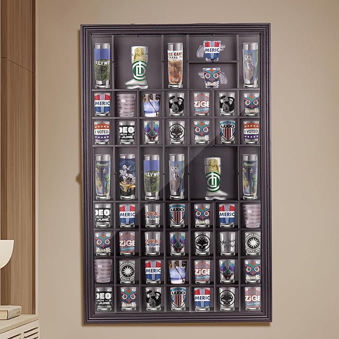 Removable Giant Shot Glass Display Case,30.5 * 19 Inches,70 Slots,Removable Shelves,Fit for Lots of Sizes Shot Glasses,Wall Mount,Gold Lock,with UV Protection Acrylic Glass Door