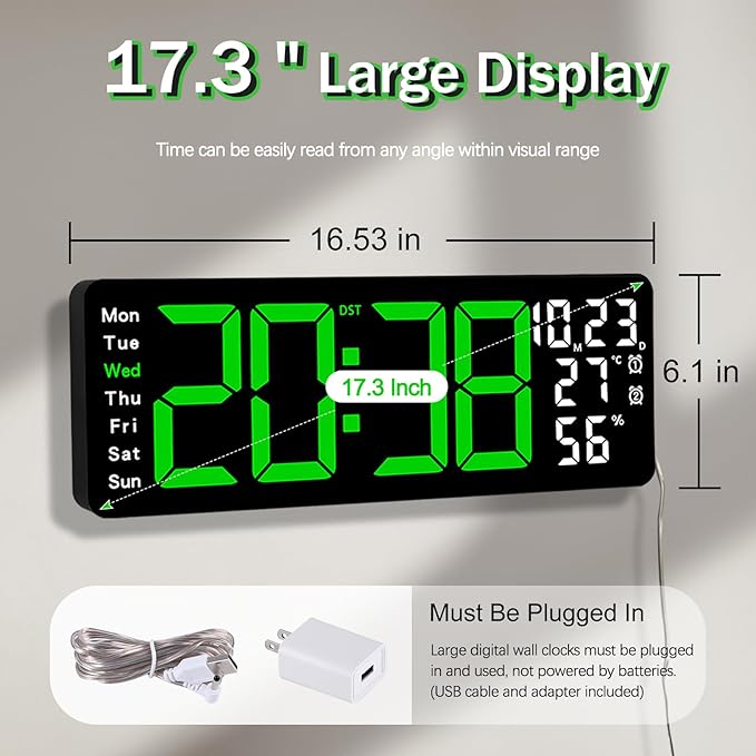 JoFomp 17.3" Large Digital Wall Clock, LED Digital Clock Large Display with Remote Control, Alarm Clock with Temp/DST/Dimmer/Humidity/Timer/Ambient Light - 12/24H, Alarm Wall Clock for Bedroom