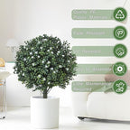 24" Artificial Boxwood Topiary Ball Bush with White Flowers, Set of 2 Artificial Shrub Bushes with Spike, Fake Evergreen Tree for Porch, Artificial Plants for Outdoor Planters Indoor UV Resistant