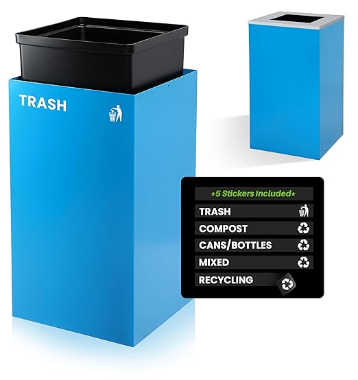 Alpine Industries 29 Gallon Commercial Indoor Recycle Bin with Lid, Blue Metal Container with Optional Lids