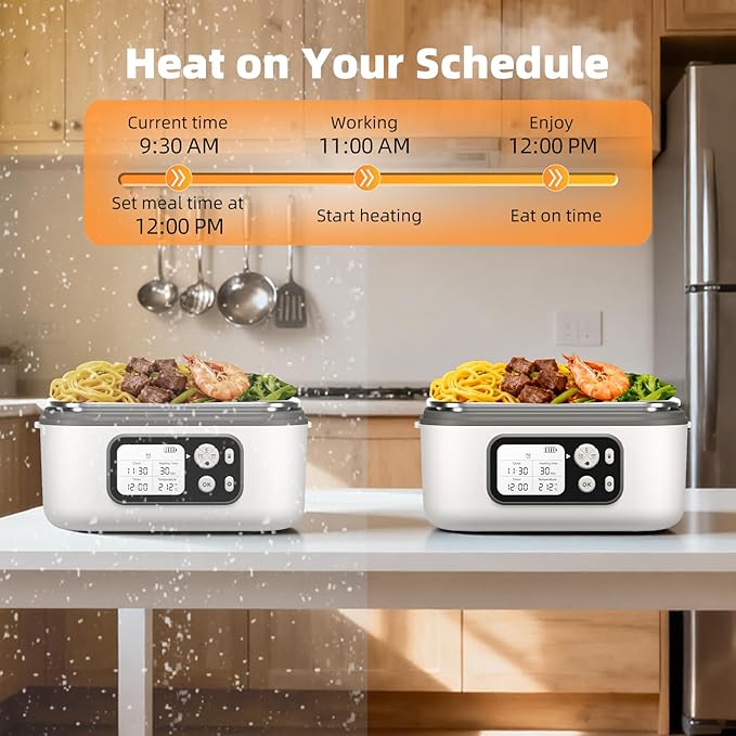 Dravel Cordless Heated Lunch Box for Men, 6.3 Cup 100W Electric Lunch Box Food Warmer with 24000mAh Battery for Self Heating, Including Cutlery, Insulated Bag and Divider for Women Adults(Grey+White)