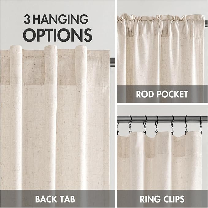 MIULEE Non-See-Through Privacy Linen Curtains 2 Panels, Light Filtering Window Curtains Farn House Textured Back Tab Semi Sheer Drapes for Bedroom Living Room, 52 x 90 Inches Long, Cream