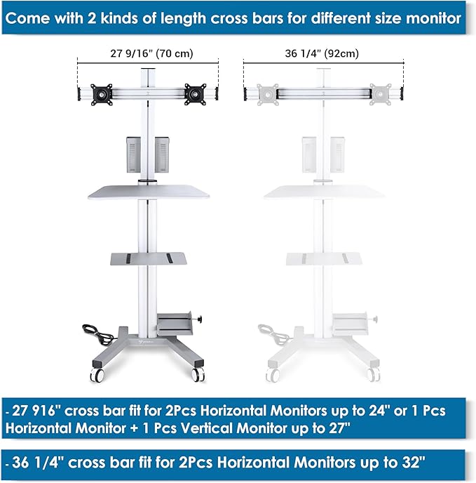 Yescom Mobile PC Stand Workstation with 2 Poles Dual Monitor Mount for 32" Screen Sliver