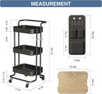 DTK 3 Tier Metal Utility Rolling Cart with Table Top and Side Bags, Tray Storage Organizer Wheels, Art Craft 4 Hooks for Kitchen Bathroom Office Living Room (Black)