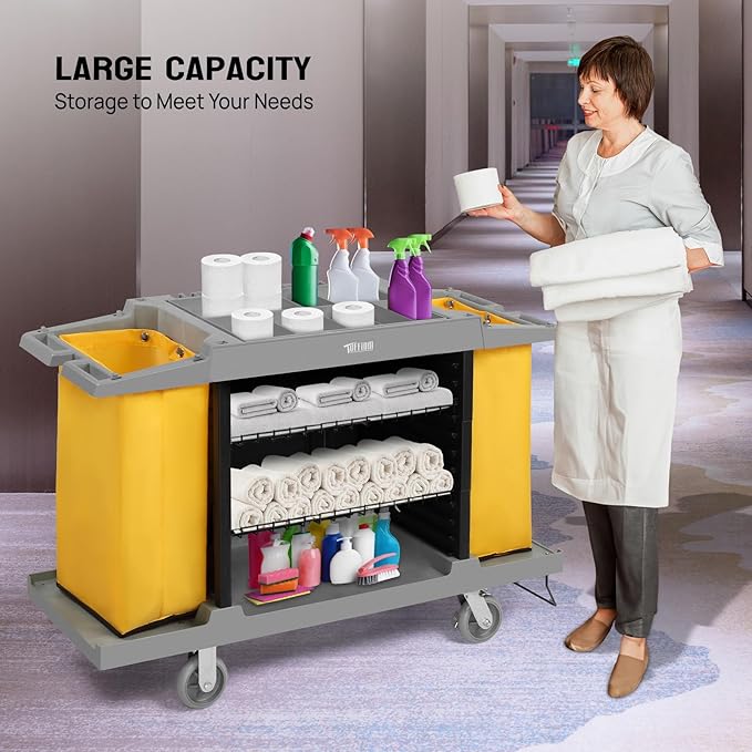 Premium Hotel & Housekeeping Cart on Wheels, 154LBS Multifunctional Commercial Cleaning Cart with Large Capacity Vingyl Bags, Comfor Grip Handles and Easy Move Casters, Gray