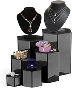 Jetec Hexagonal Jewelry Display Risers Hexagonal Market Display Risers Stands Acrylic Showcase Acrylic Stand for Jewelry Model Figures Decoration, 6 Sizes(Black,6 Pieces)