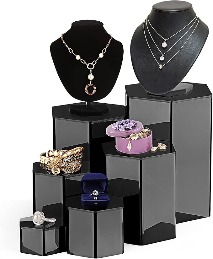 Jetec Hexagonal Jewelry Display Risers Hexagonal Market Display Risers Stands Acrylic Showcase Acrylic Stand for Jewelry Model Figures Decoration, 6 Sizes(Black,6 Pieces)