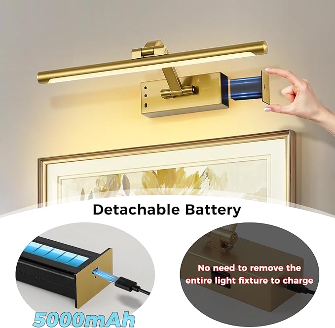 Wireless Picture Lights for Wall Removable Battery Charging, Battery Operated Art Light for Paintings, 3CCT Dimmable with Remote, Rotatable Gallery Light for Pictures Display