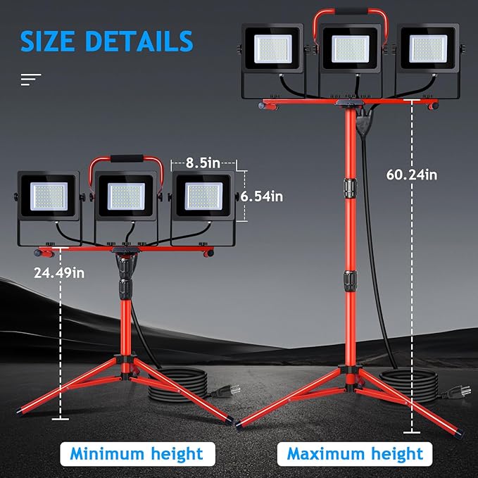 Juyace 14000Lm LED Work Light with Stand 150W 5000K Dual Head Lamp with Independent Switch Portable Construction Flood Outdoor IP65 Waterproof for Garage Workshop Backyard 2 Pack