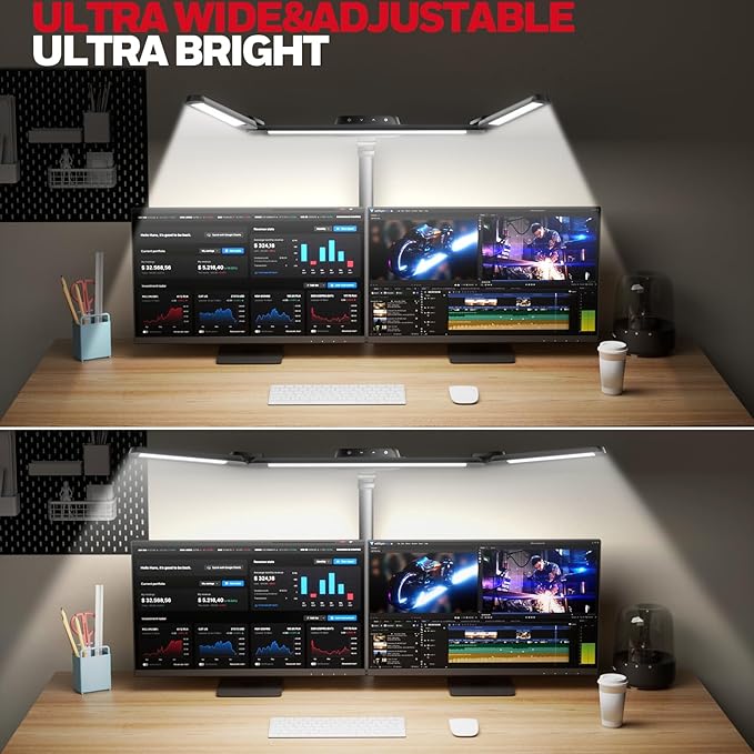 Honeywell HJ3 Wide LED Desk Lamp with Clamp, 22W Full-Spectrum Eye-Caring Light Bar, 4 Modes, Stepless Dimming, Adjustable Arm for Home Office, Large Desks & Dual Monitors