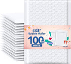 GSSSUSA Bubble Mailers 4x8 Inch 100 Pack Padded Envelopes Usable Size 4x7 Inch Shipping Envelopes Self Seal Small Packaging Shipping Bags for Mailing Jewelry, Small Business, White
