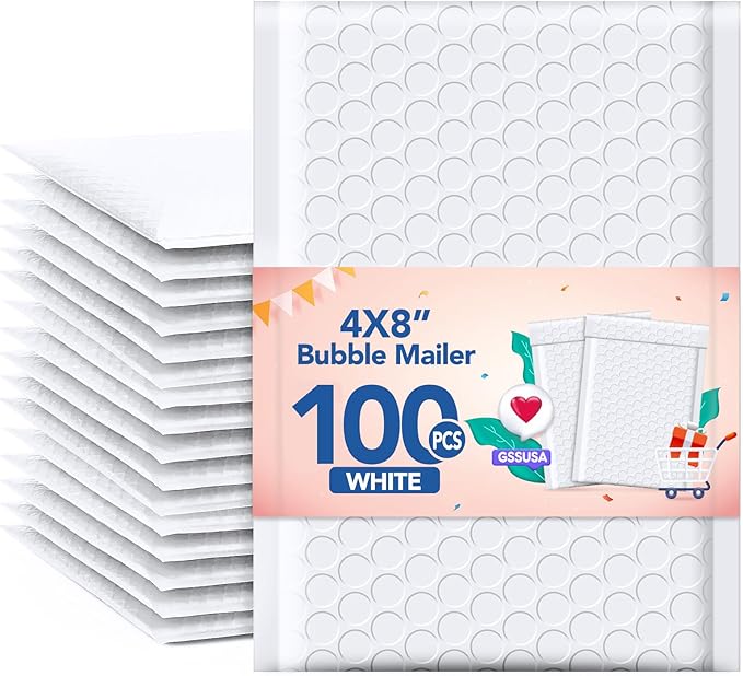 GSSSUSA Bubble Mailers 4x8 Inch 100 Pack Padded Envelopes Usable Size 4x7 Inch Shipping Envelopes Self Seal Small Packaging Shipping Bags for Mailing Jewelry, Small Business, White