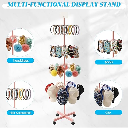 Ripeng 1 Pcs Retail Display Stand Rotating Spinner Display Rack Adjustable Jewelry Stand with Wheels for Keychains Earrings Craft Shows Vendor Events & Stores Accessories (4 Tier,Pink)