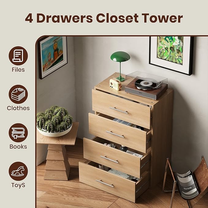 ROOMTEC 25.5" 4 Drawer Short Tower Closet Unit, Modular Closet System with Drawers and Shelf, Wardrobe Organizer for Bedroom or Walk-in Closet, Wall Mounted, Customizable Clothes Storage Unit, Wood