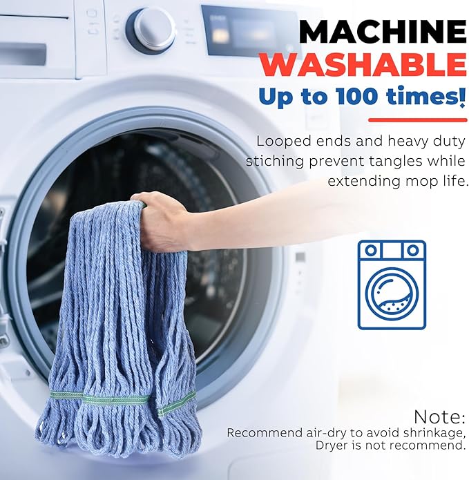 Onesimus 20 oz Mop Head Replacement, Industrial Mops for Floor Cleaning Heavy Duty 4-Ply Cotton Blend Looped End Wet Mop Refills 1.25 in Universal Headband Fit Most Handles, 3 Pack Large Blue