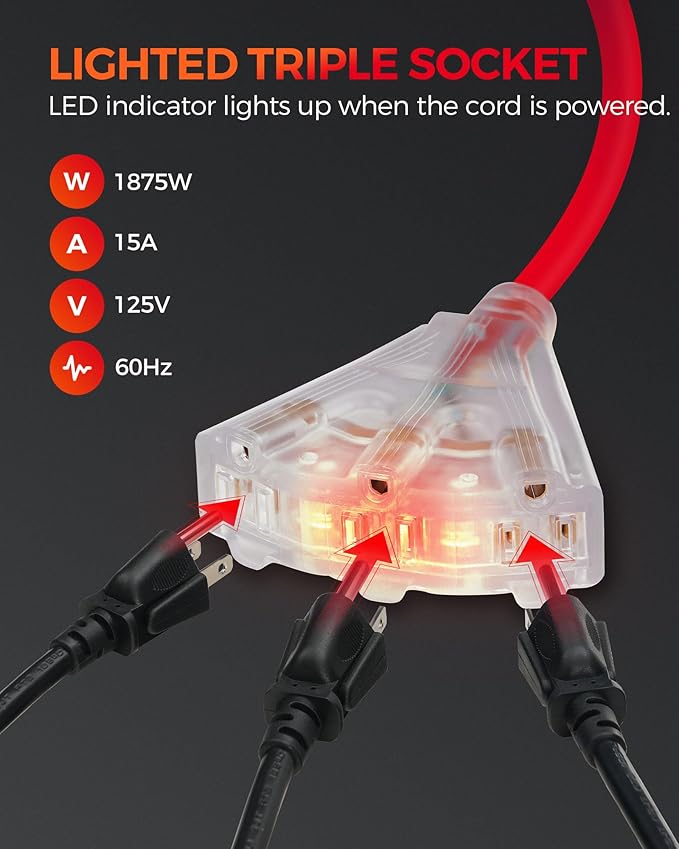 Retractable Extension Cord Reel, 45 FT Heavy Duty Power Cord, 12AWG/3C SJTOW, 3 Grounded Outlets Lighted Triple Tap, 15 Amp Circuit Breaker, UL Listed, Red R45CR06