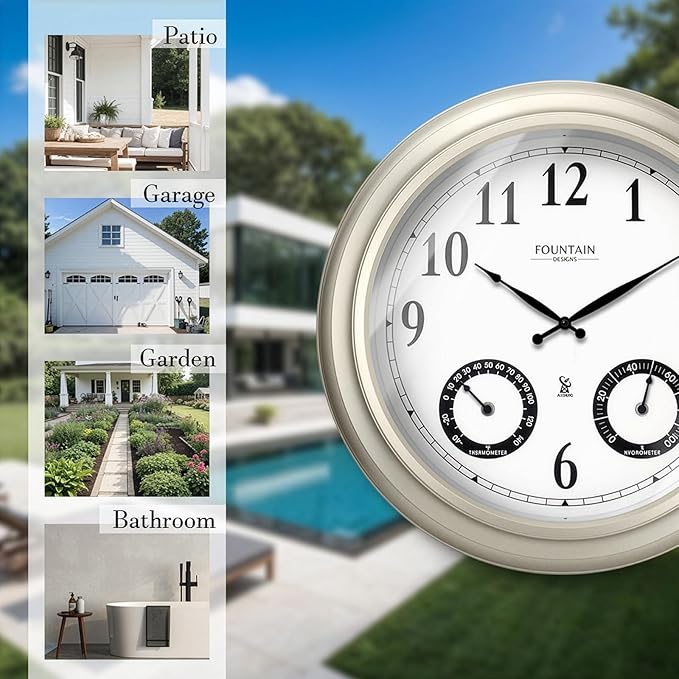 20" Evander Outdoor Atomic Clock with Thermometer & Hygrometer, 3 in 1 Weather Stations, Large Wall Clocks for Living Room Decor,Modern Farmhouse Home Decor (Morning Silver)