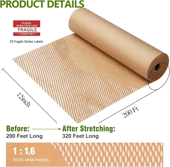 Honeycomb Packing Paper,12" W x 200' L Bubble Cushioning Wrap for Packing Moving,Products & Gifts Wrapping Paper,Recyclable and Biodegradable Shipping Packing Materials with 20 Fragile Sticker Labels
