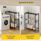 BORISI Broom And Mop Holder, Movable Broom Closet Storage Cabinet, Cleaning Cart with Mop Hanger Gripper Rack, Janitorial Cart, Utility Carts, Laundry Room Organization Home Essentials