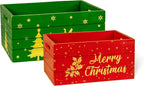Red Co. Set of 2 Red and Green Decorative Nesting Wooden Merry Christmas Storage Crate Organizers with Golden Lettering