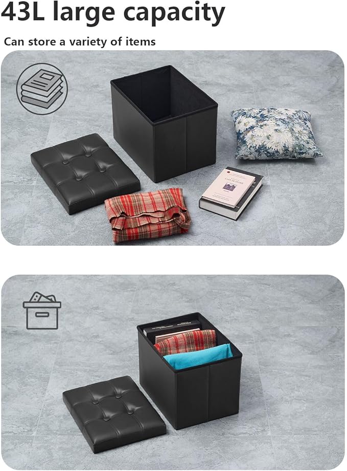 2PC Storage Ottoman, Folding Foot Stool with Thicker Foam Padded Seat Small Leather Storage Ottoman Bench Foot Rest for Living Room Foldable Coffee Table 17x13x13in,Black
