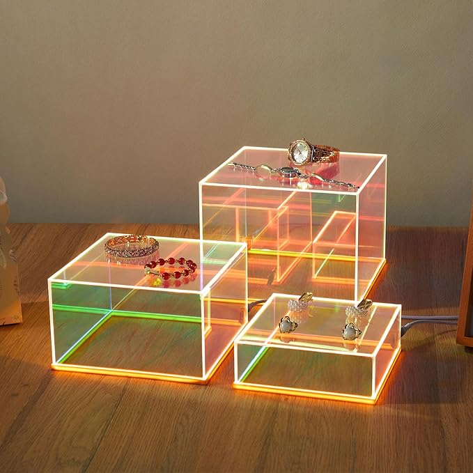3Pcs Iridescent Acrylic Display Risers with LED light Plug and Play, Stackable Acrylic Cube Boxes Rainbow Display Stand with Hollow Bottom for Figures Jewelry Perfume Purse Food Buffet Riser