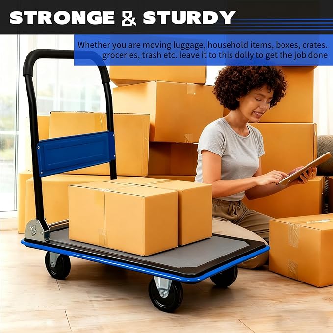 660lbs Large Size Heavy Duty Blue Flatbed Cart, Foldable Steel Platform Dolly with 360° Swivel Wheels, Silent Utility Push Hand Truck for Warehouse & Home