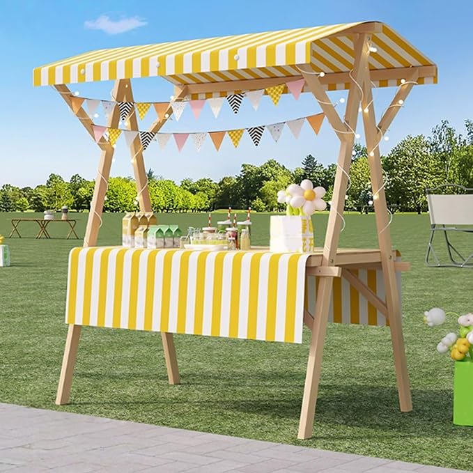Collapsible Wooden Food Cart with Wheels, Heavy Duty Mobile Vendor Stand for Farmers Market, Snacks, Desserts and Street Kiosk(Yellow,150cm/59in)