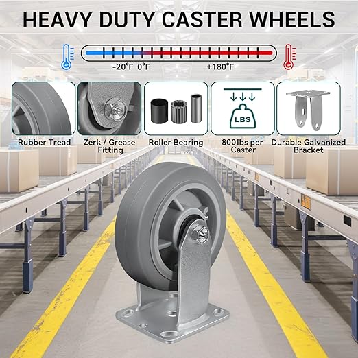 6'' × 2'' Caster Wheel, Heavy Duty Industrial Caster, Rubber Wheels with Roller Bearing, Load 900lbs per Casters for Cart Dolly Toolbox Trolley (1 Rigid)