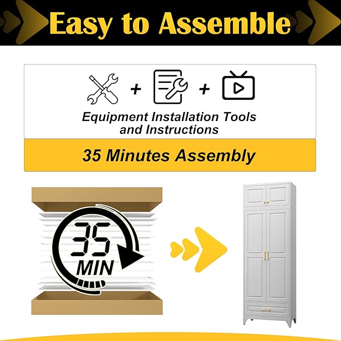 90" Kitchen Pantry Cabinet with Drawer, Metal Storage Cabinets with Doors and 4 Adjustable Shelves,White Kitchen Cabinet with 2 Gold Handles,Food Cupboard for Livingroom,Pantry, Bathroom
