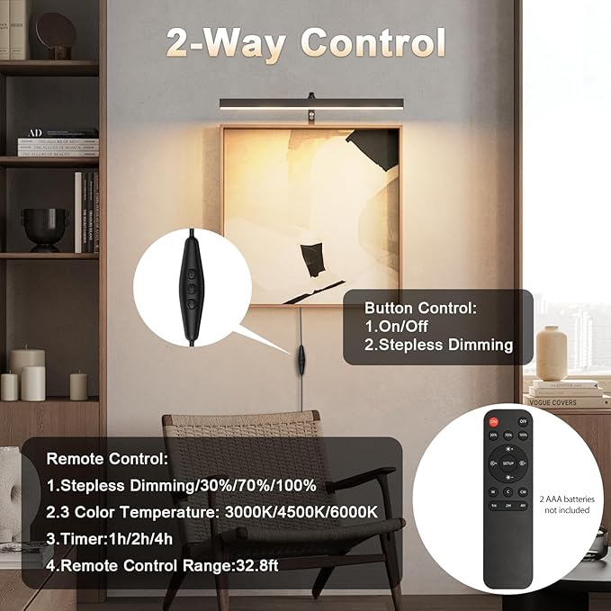 Plug in Picture Lights for Wall, 16 inch Dimmable LED Art Light with Remote, 3 Colour Temperature Gallery Painting Wall Light for Picture Display Dartboard Art Work (Black)