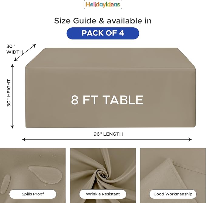 HolidayIdeas Open Back Fitted Tableclothss for 8 Foot Rectangle Table, Wrinkle Resistant Washable Table Covers 96x30 Inch for Craft Fairs, Banquets, Trade Show Display, Taupe,4 Pcs