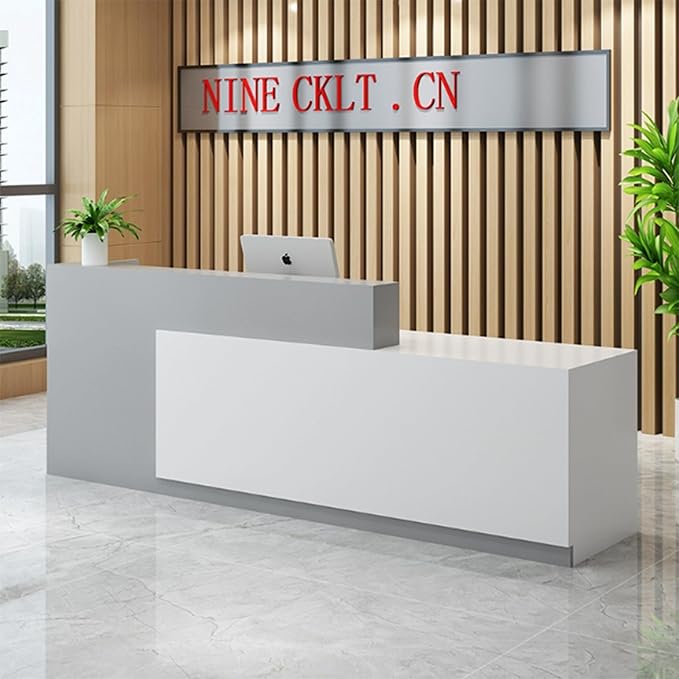 PLMOKN Wood Reception Desk Marble Stone with Checkout Retail Counter L Shaped Modern Mostrador para Negocio Office Desk Closed Front with Storage Drawers for Barber,Salon,Clothing Store
