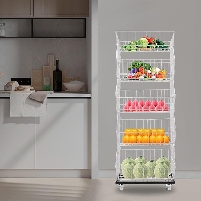 5 Tier Retail Display Rack, Rolling Storage Rack 5 Layers 18.9*17.72*55.12in Metal Display Shelf Fruit Vegetable Snack Basket Storage Supplies for Home Store Market (White, 48*45*140cm)