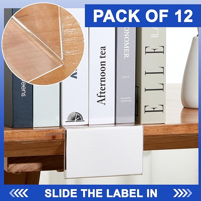 12 Pcs Acrylic Library Moveable Shelf Label Holders Bulk Talker 4" x 2" Clear Shelf Display Markers Retail Label Tags for Office Home Classroom Office Book Shelve