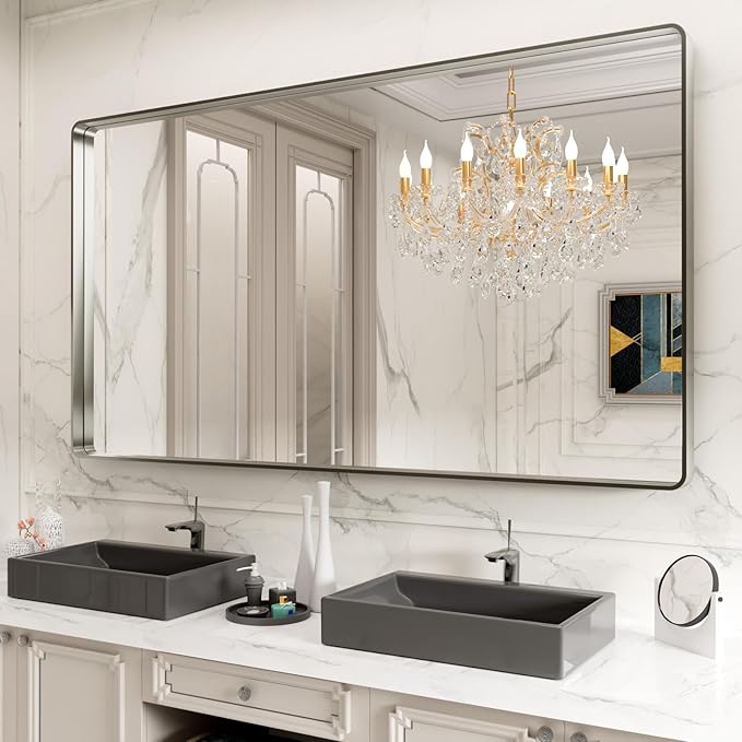 LOAAO 84X32 Inch Brushed Nickel Bathroom Mirror, Rounded Rectangle Silver Metal Frame Mirror, Brushed Nickel, Anti-Rust, Hangs Horizontally or Vertically