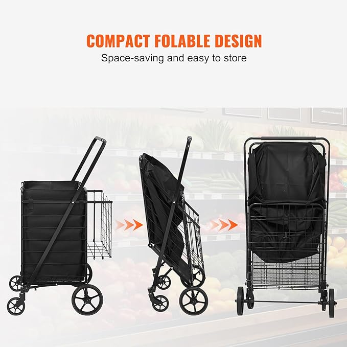 VEVOR Folding Shopping Cart with Removable Waterproof Liner, 330LBS Large Capacity Jumbo Grocery Cart with Dual Basket, 360° Swivel Wheels, Dense Metal Mesh Base, Heavy Duty Utility Cart for Shopping
