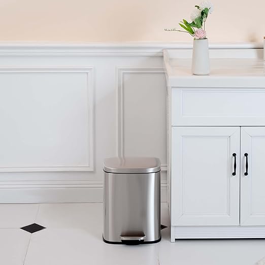 Amazon Basics Smudge Resistant Small Rectangular Trash Can With Soft-Close Foot Pedal, Brushed Stainless Steel, 12L/3.2 Gal, 11.3x9.9x15.1 in, Satin Nickel Finish