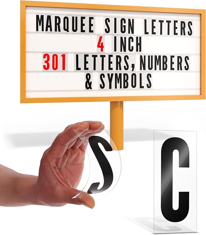 Houseables Marquee Letters, Sign Letters, Marquee Sign, Markee, Plastic, Acrylic, Changeable, for Outdoor Board, Letterboard, Church, Restaurant, 4 Inch Character on 5” Panel, 301 PC with Numbers