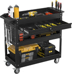 3 Tier Rolling Tool Cart with Drawers, Heavy Duty Utility Cart on Wheels, Large Storage Capability Service Cart for Garage, Warehouse and Repair Shop (Black)