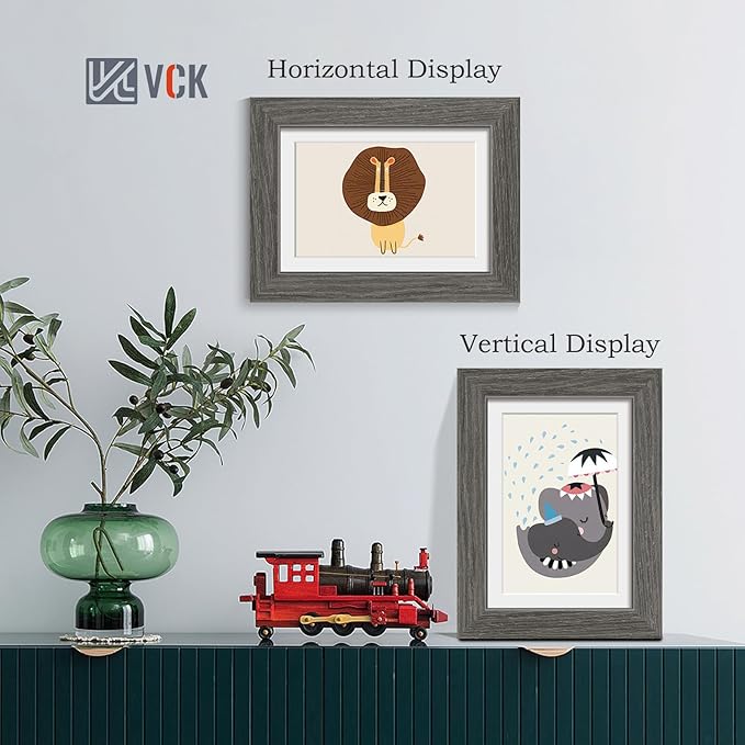 VCK 5x7 Picture Frame 2 Pack - Grey, High-End Wood Poster Frames with Tempered Glass, Display 4x6 Photo with Mat or 5x7 without Mat, Art Gallery-Quality, Wall Hanging/Tabletop, Grey
