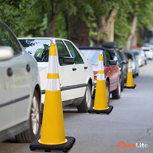 Fluorescent Orange/Green PVC Traffic Cones, Heavy Black Base Parking Lot Cone Structurally Stable Weatherproof Road Construction Safety Cones (8, Yellow, 36" Extra Large)