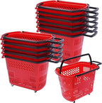 12PCS Plastic Shopping Basket with Handles & Wheels, 35L Rolling Shopping Carts, Grocery Basket with 4 Wheels and Handle, Portable Shopping Baskets for Retail Stores, Supermarkets (12PCS - Red)