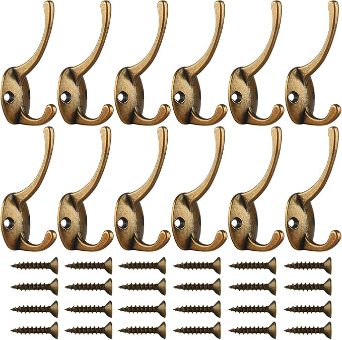 IBosins 12 Pack Antique Brass Coat Hooks Wall Mounted with 24 Screws Retro Double Hooks Utility Antique Brass Hooks for Coat, Scarf, Bag, Towel, Key, Cap, Cup, Hat