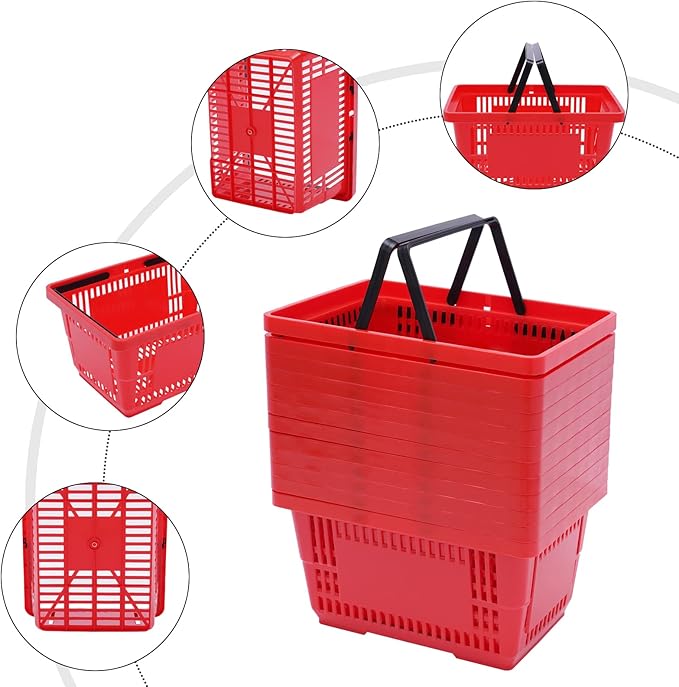 12PCS Red Plastic Shopping Baskets with Handles, Portable Retail Grocery Baskets with Handles, 21L Hand Shopping Baskets Set for Stores, Supermarket, Retail, Groceries Shopping Carrying