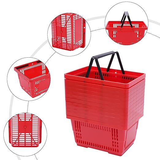 12Pcs 18L Shopping Baskets with Handles, Portable Plastic Retail Grocery Baskets Large Capacity for Stores, Supermarket, Retail, Groceries Shopping (Red)