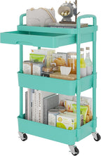 Calmootey 3-Tier Rolling Utility Cart with Drawer,Multifunctional Storage Organizer with Plastic Shelf & Metal Wheel,Storage Cart for Kitchen,Bathroom,Living Room,Office,Green